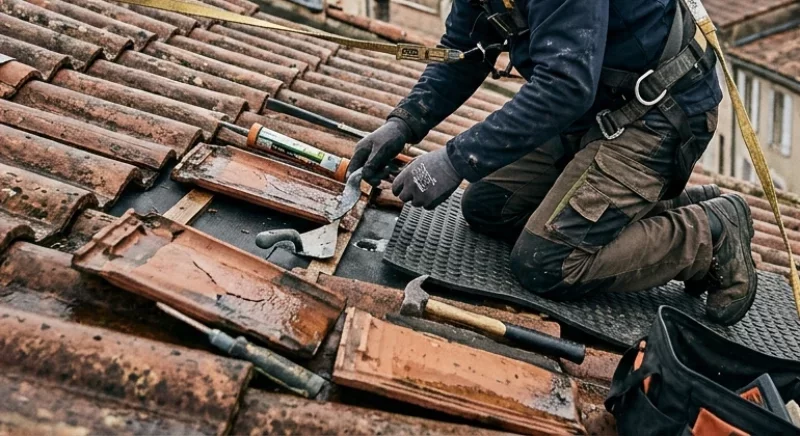 Artisan couvreur réparant une fuite de toiture en urgence à Lattes